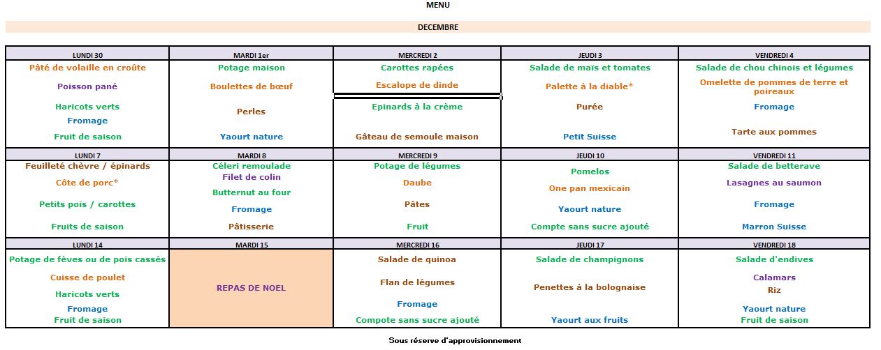 L’IME Les Chênes : les menus de décembre 2020 – Complexe Les Chênes